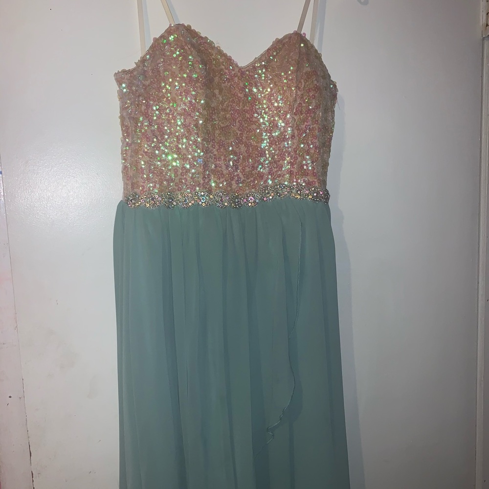 pink and teal high low dress